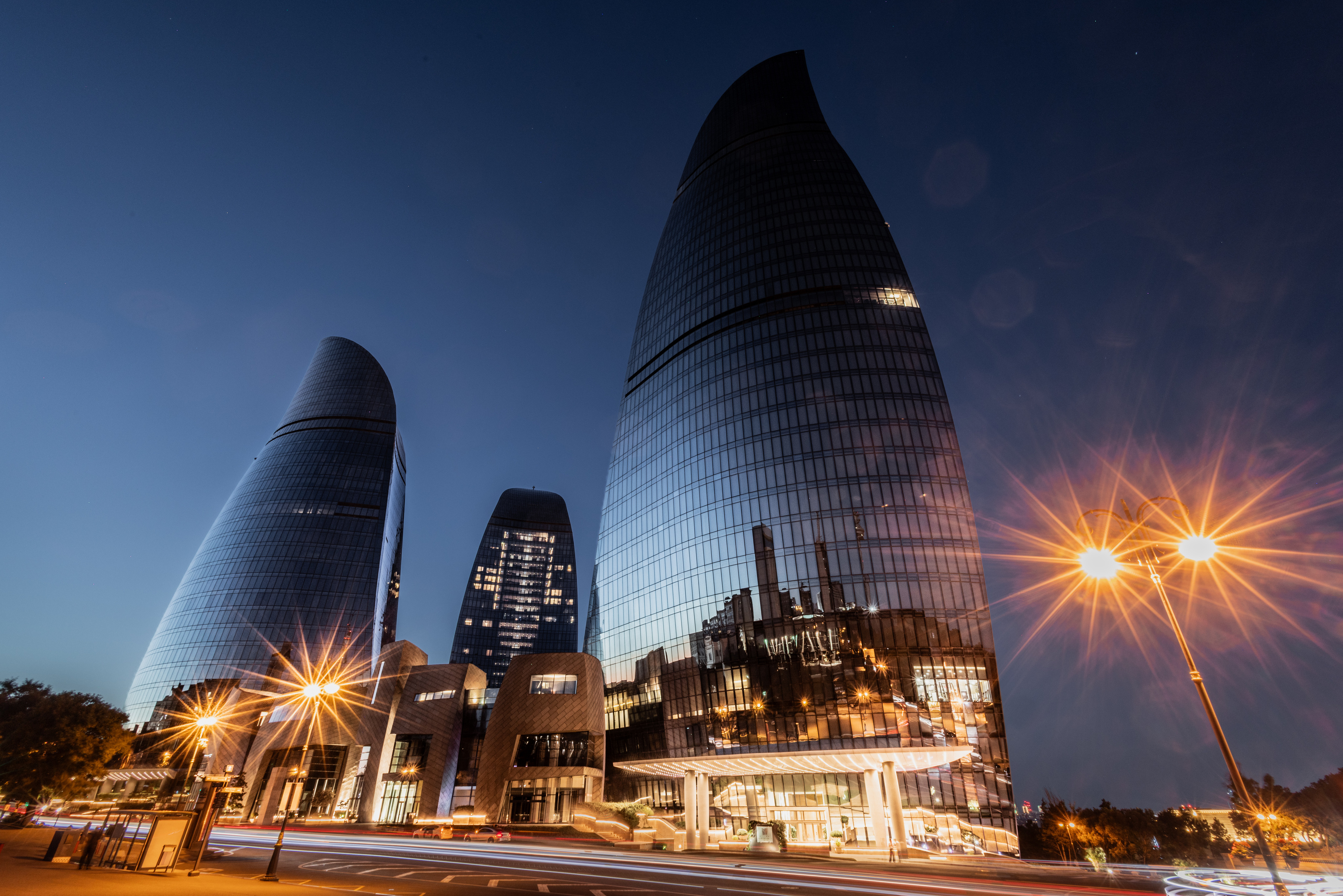 Flame Towers at night